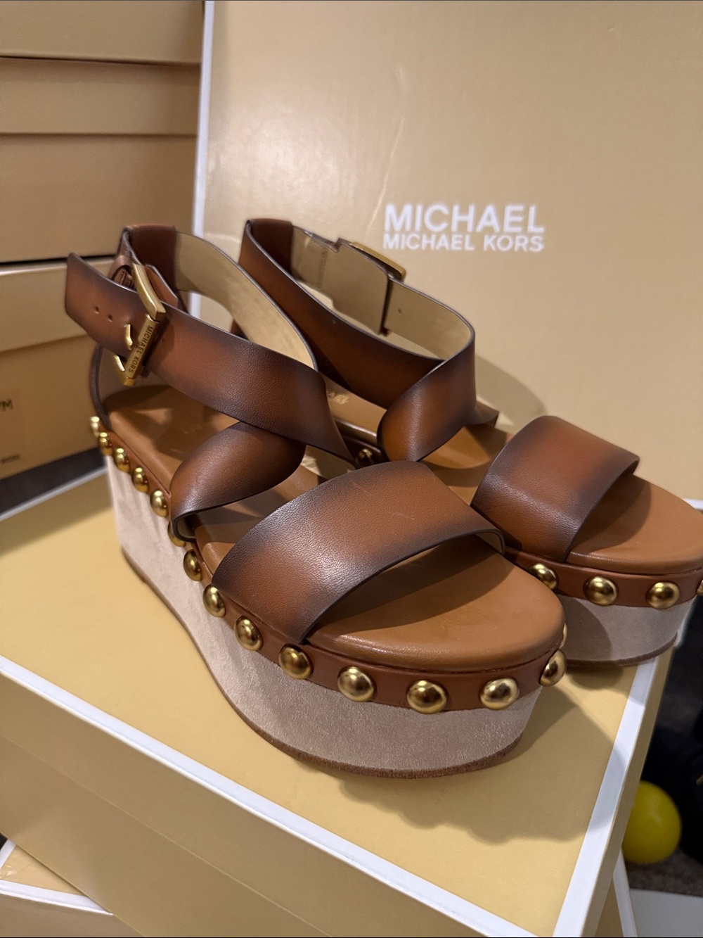 Michael Kors Tan Brown Leather Studded Platform Sandals